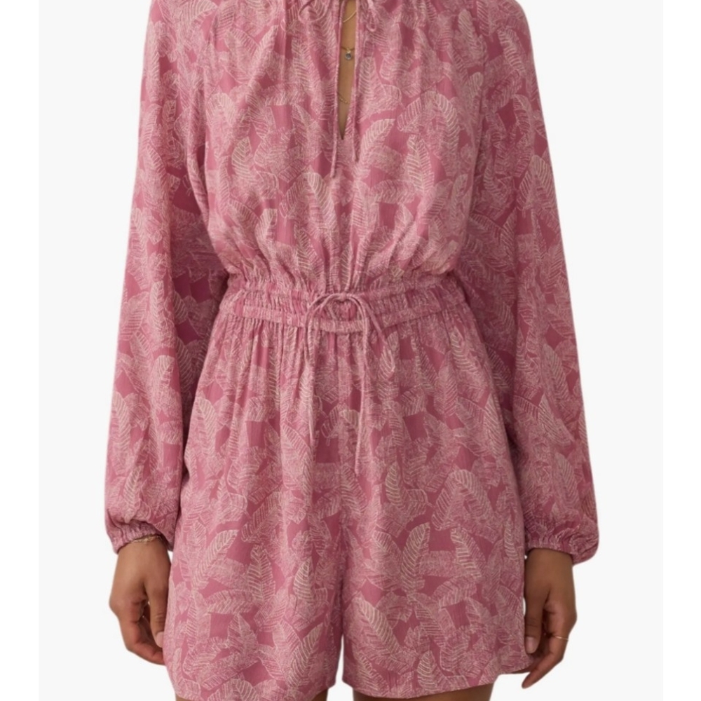 Faherty Rose-Print Long-Sleeve Tie-Waist Romper